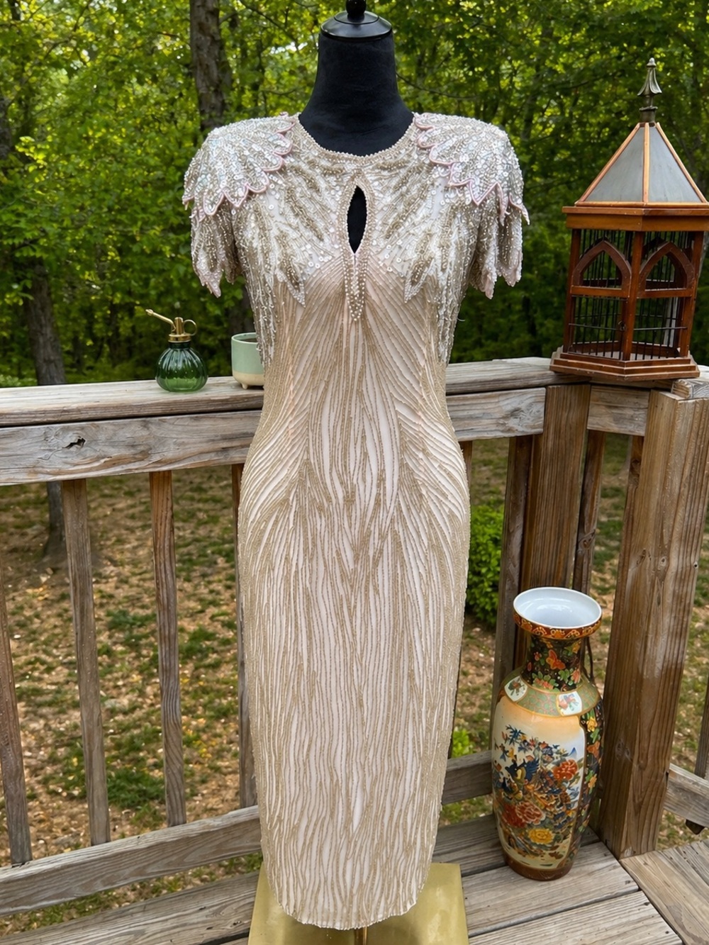 Elegant Vintage Ivory Beaded Sheath Dress with Embellished Cap Sleeves